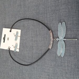 Dragonfly Pendant Necklace Dangle Earring Set Black Leather Cording NWT